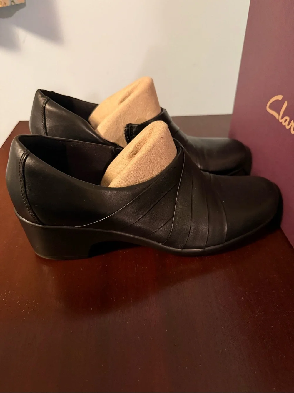 Clarks Black Leather Slip-On Loafers with Wrapped Vamp